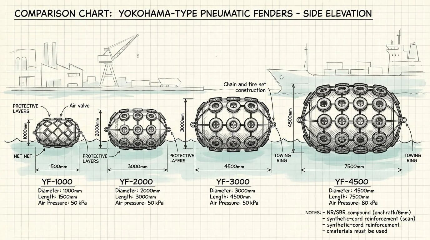 ISO 17357 Pneumatic Fender Size Comparison Chart Pneumatic fenders of different sizes arranged side by side showing size progression — ISO 17357 pneumatic fender size chart LNG terminal