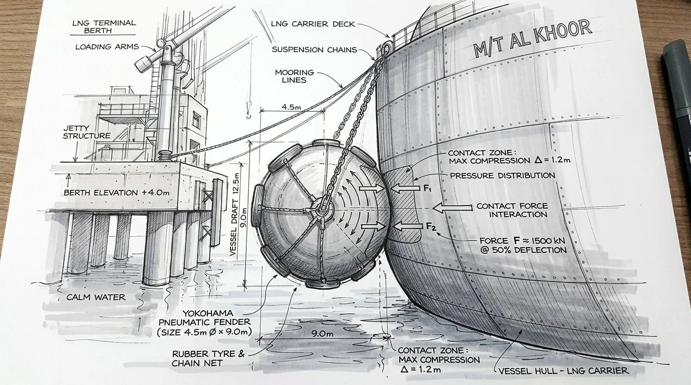 Pneumatic Fender Hull Pressure Contact LNG Carrier Pneumatic fender in contact with LNG carrier hull at berth showing contact zone — hull pressure limit 220 kPa LNG carrier berthing