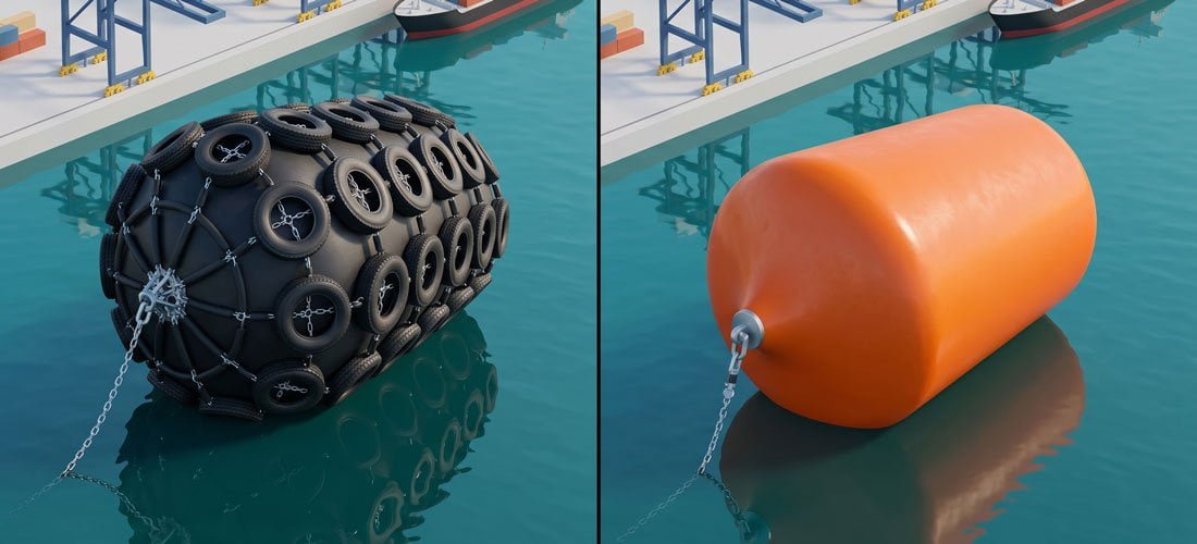 Side-by-side comparison photograph of foam filled fender and pneumatic fender, showing size, construction, and application context