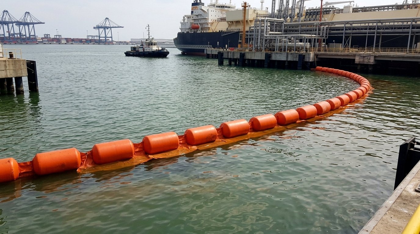 orange floating boom deployed across a harbor entrance for debris control
