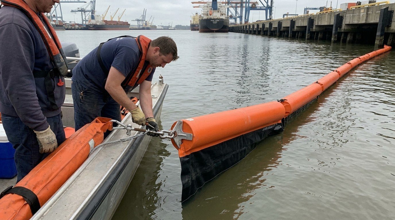 crew installing floating boom sections with anchor lines and end fittings