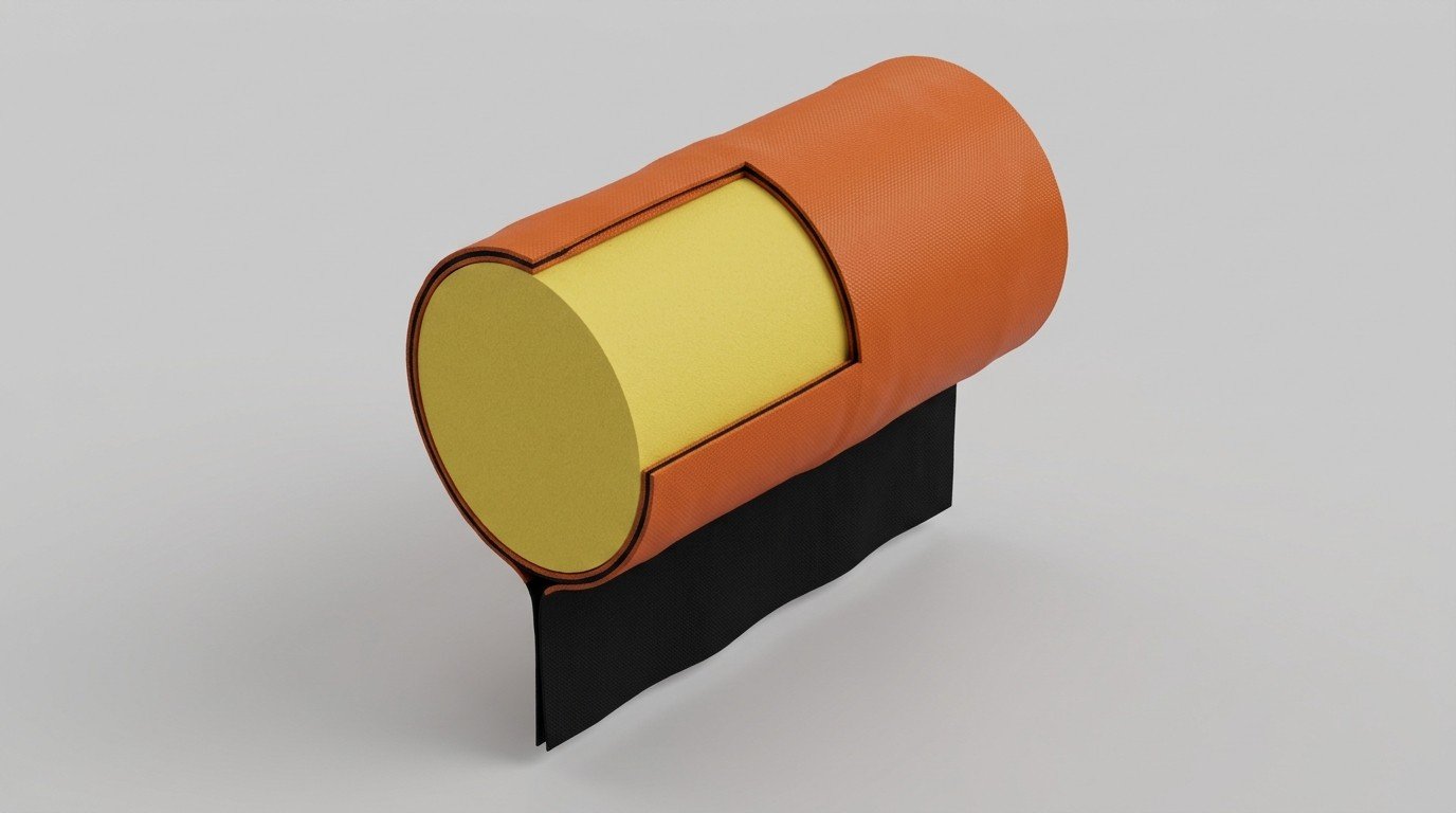 floating boom cross section showing foam float fabric cover and short skirt below waterline