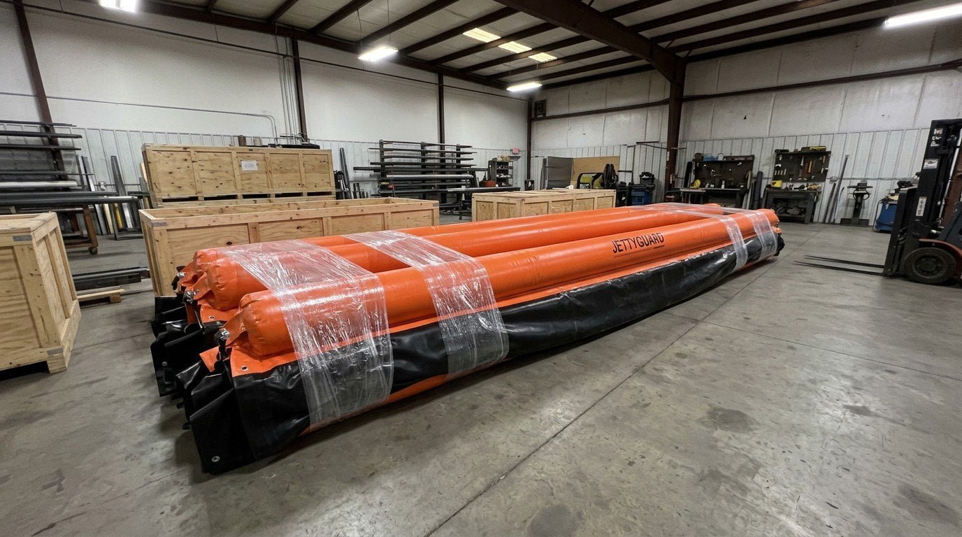 JettyGuard workshop preparing high visibility floating boom sections for shipment
