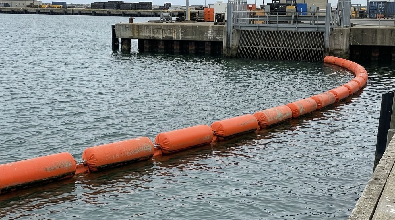 floating boom installation layouts for blocking deflection enclosure and intake protection