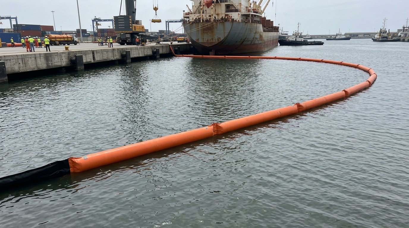 orange floating boom line stopping drifting trash near a port berth