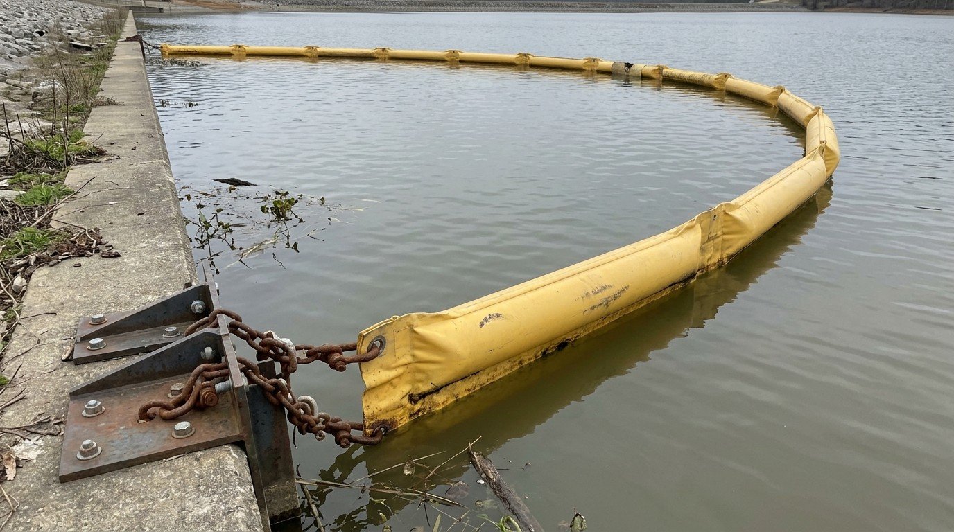 floating debris boom near a water intake guiding trash toward a collection area
