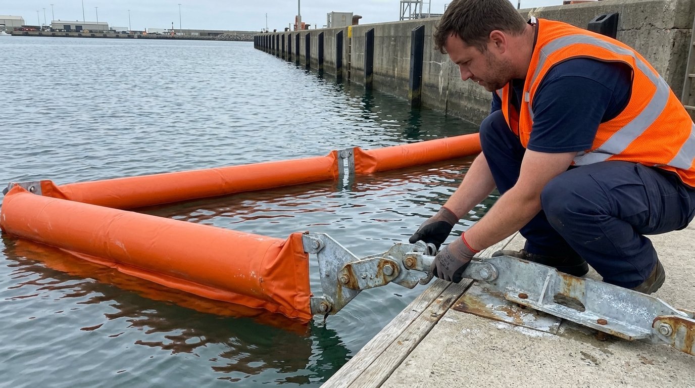 marine crew inspecting a floating boom connector and orange flotation body