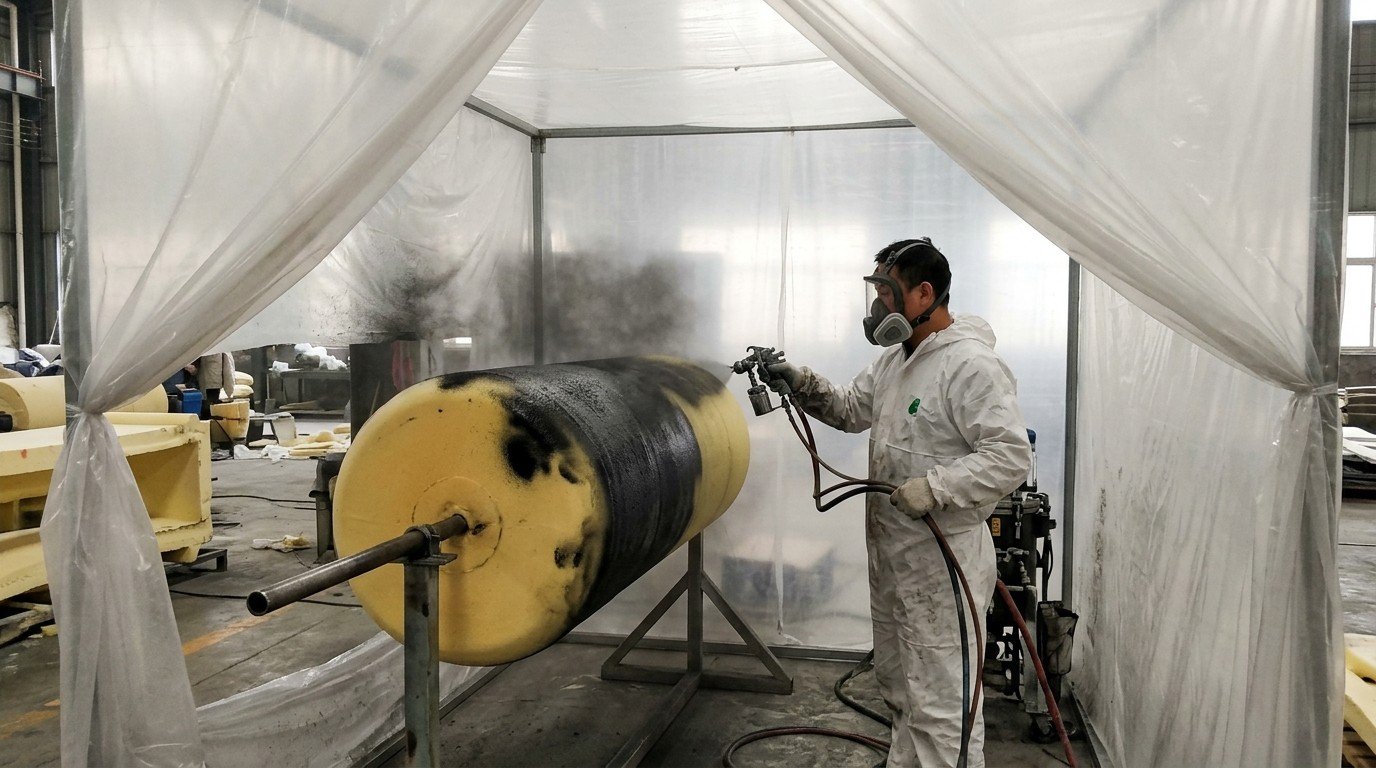 Chinese factory technician spraying two-component SPUA polyurea onto a horizontal foam filled fender inside a plastic-film enclosed spray booth, twin feed hoses bundled into one thicker line to a standard spray gun