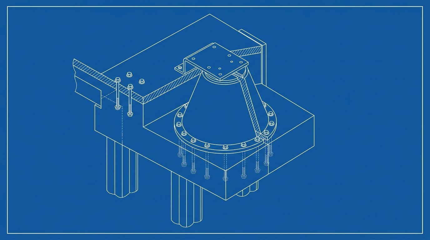 Blueprint illustration of cone fenders with steel frontal panels bolted along a fixed piled LNG jetty with breasting dolphins, technical diagram style