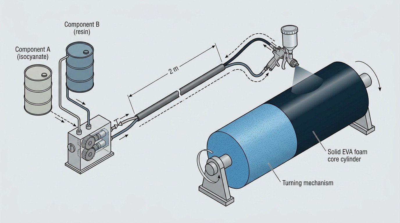 Diagram of the two-component SPUA plural-component spray system applying polyurea over a foam filled fender EVA core, showing the proportioning pump, two feed lines bundled into one hose, and mixing at the spray gun nozzle