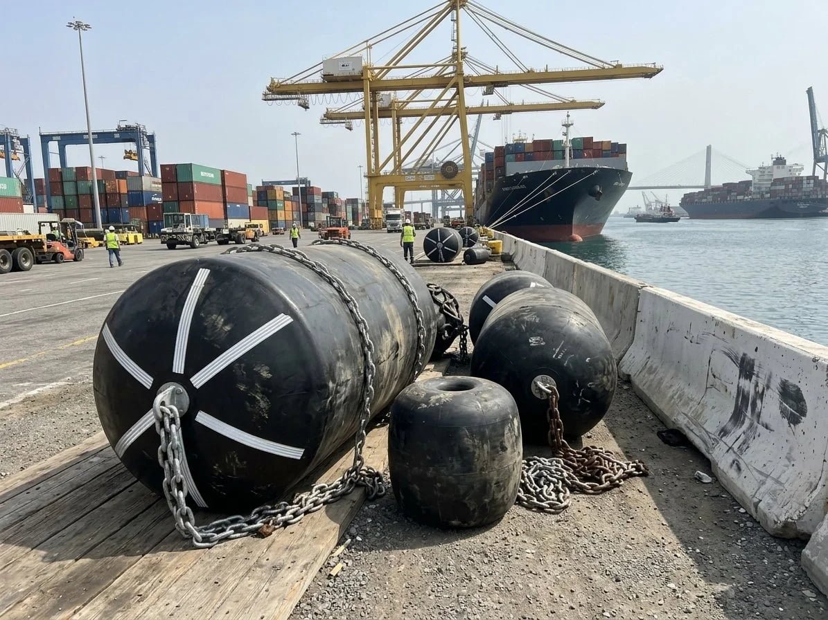 How to choose foam filled fender — selection guide Foam filled fenders in various sizes staged for port installation, showing EVA closed-cell foam core and polyurea coating
