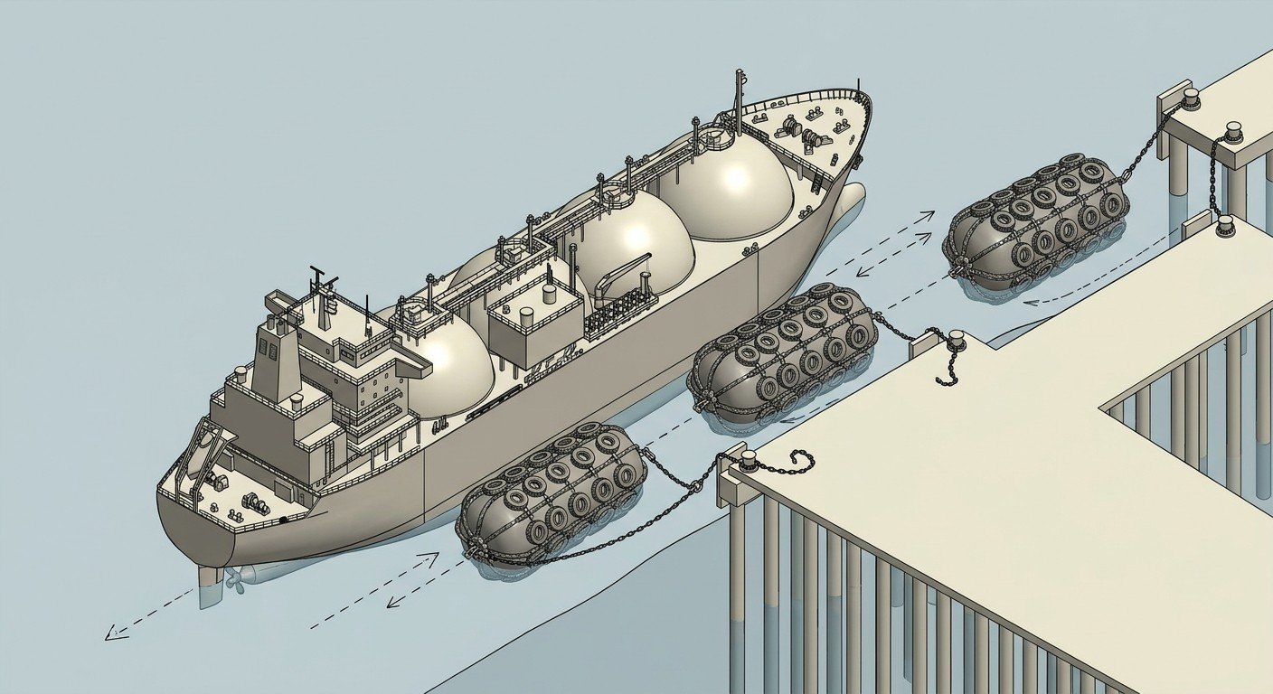 LNG carrier approaching an open jetty with pneumatic fenders for berthing energy calculation