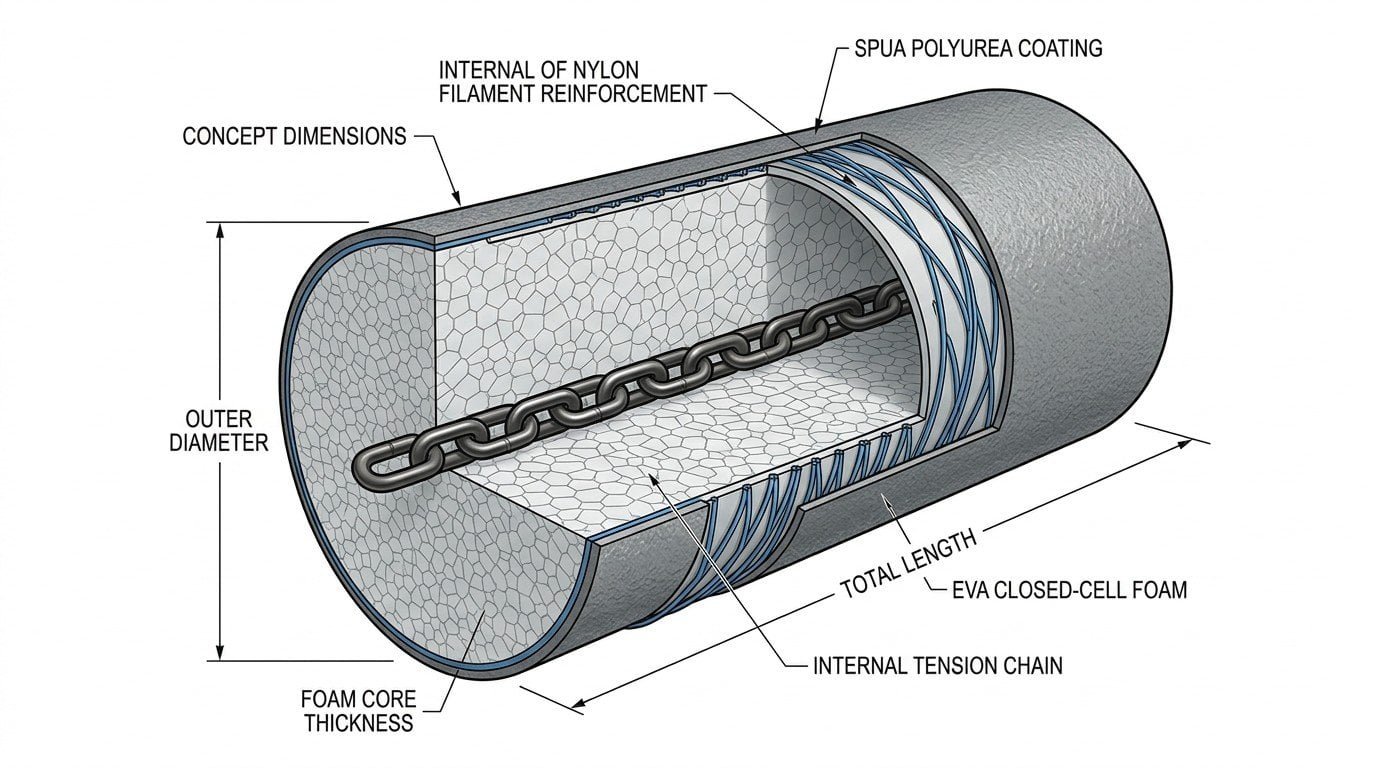 Cross-section diagram of a foam filled fender showing EVA core, filament reinforcement layer, and SPUA polyurea coating