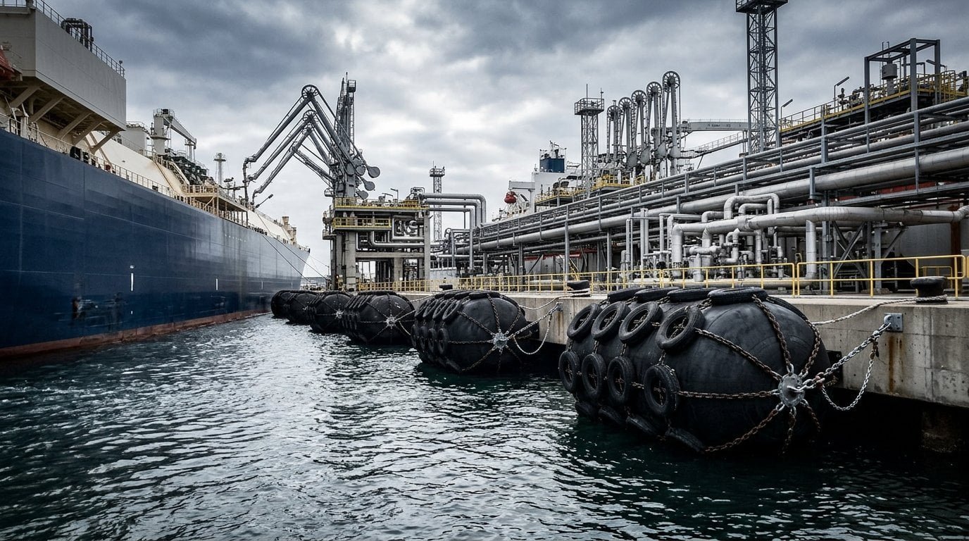 PIANC MarCom 211 fender design guideline applied at an LNG terminal — yokohama pneumatic fenders alongside an LNG carrier