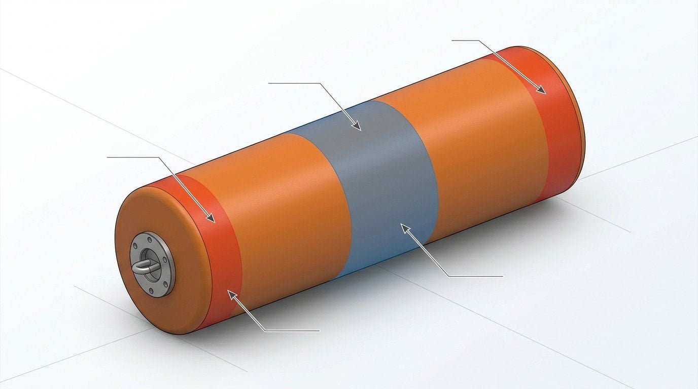 Foam filled fender illustration showing typical abrasion zones from vessel hull contact and mooring chain rub