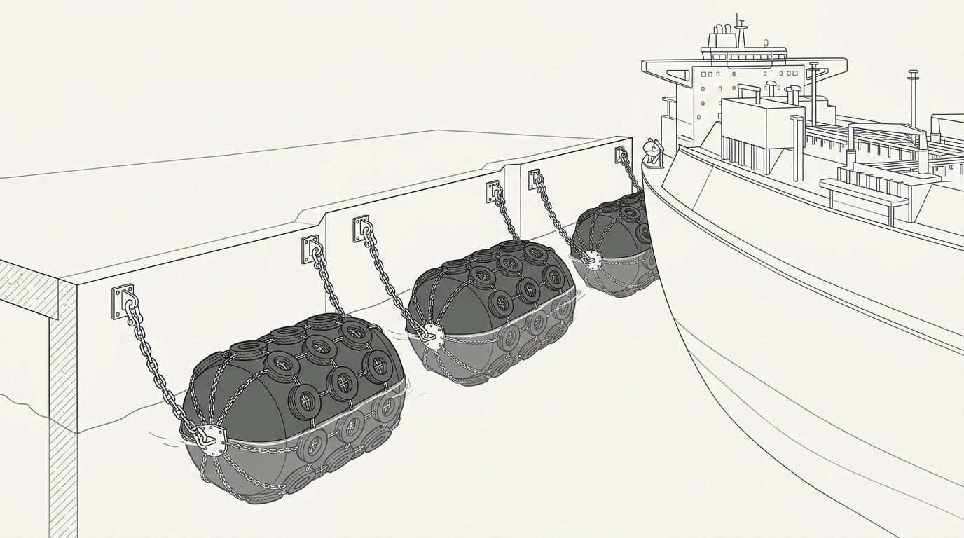 Pneumatic fender absorbing LNG carrier berthing energy at an open jetty
