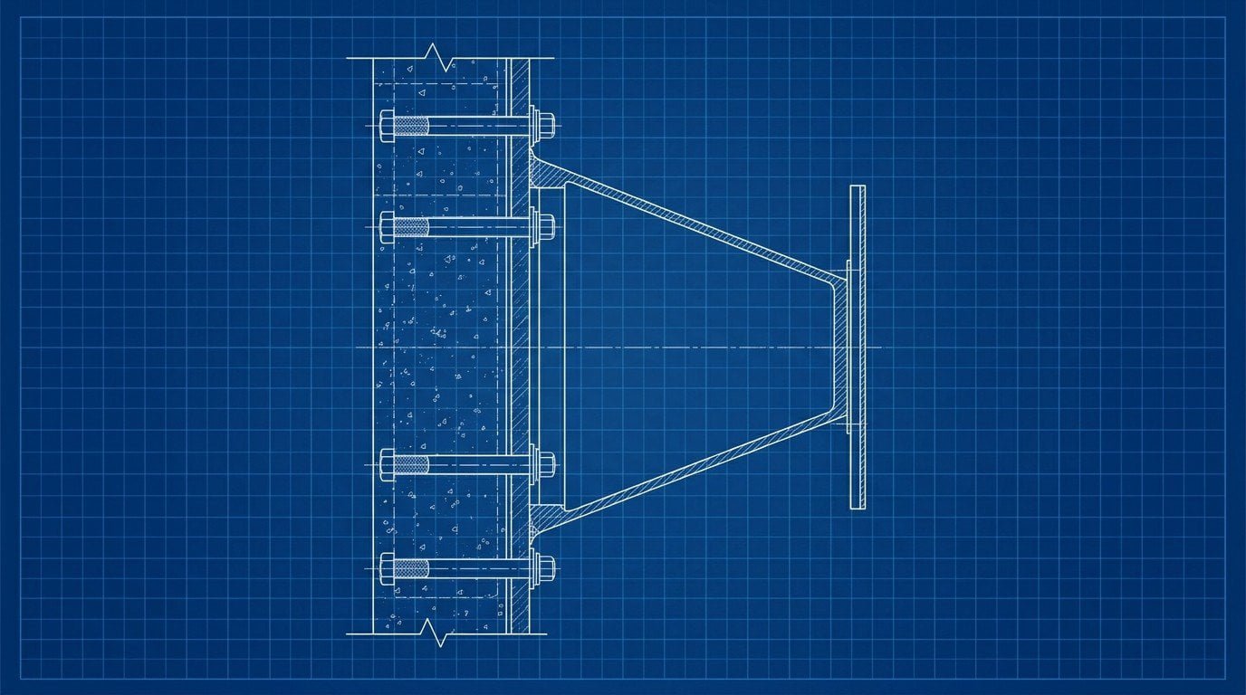 Blueprint section drawing of cone fender with frontal panel mounted on LNG jetty dolphin, showing anchor bolts and hull contact area