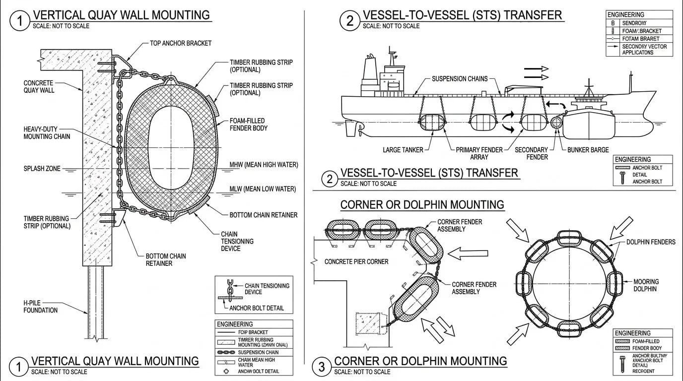 Application scenario diagram showing foam filled fender use cases across quay, STS, LNG terminal, pilot boat, and offshore installations