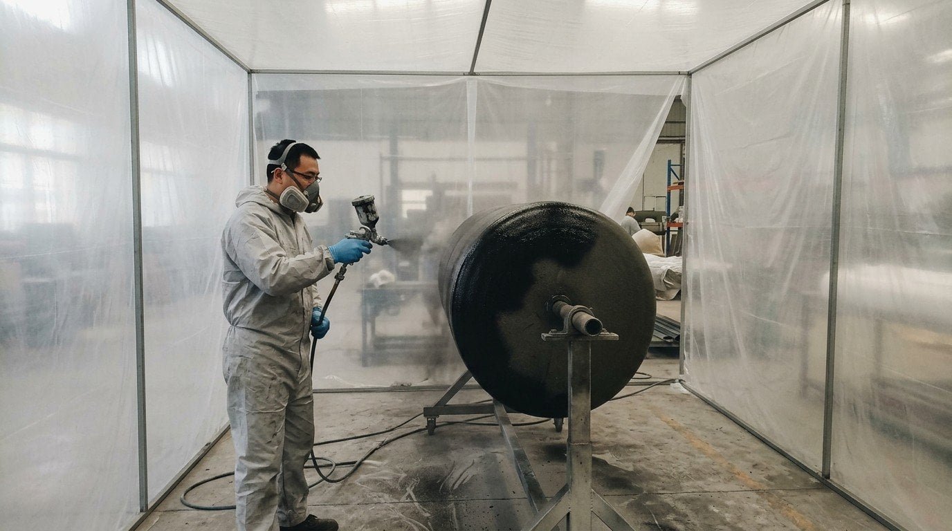foam filled fender spray polyurea application with spray gun and black SPUA coating