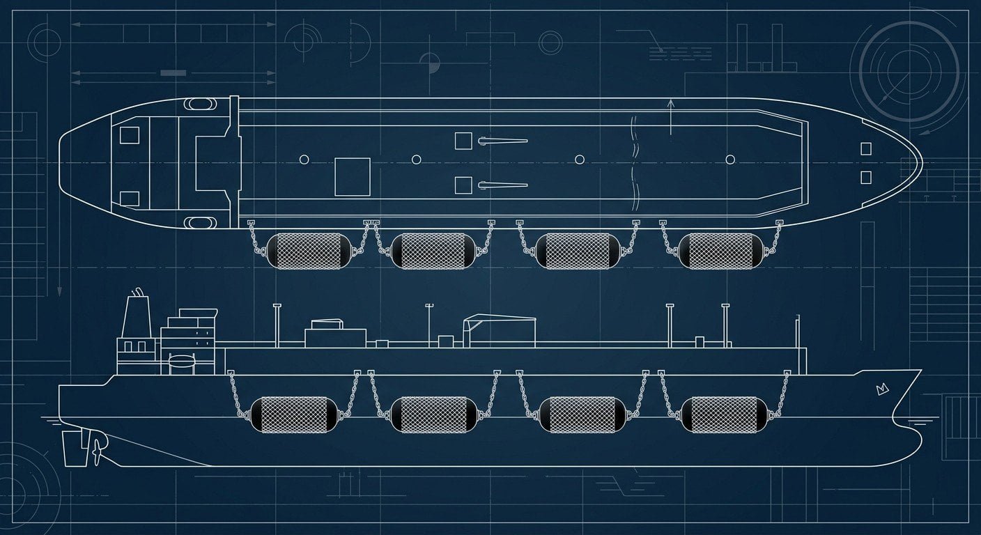Plain diagram of pneumatic fender chain-moored between LNG carrier and FSRU during ship-to-ship transfer, technical blueprint illustration