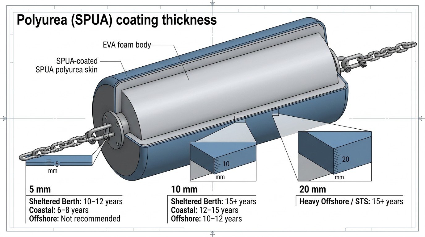 Technical illustration comparing SPUA polyurea coating thickness levels of 5 mm, 10 mm, and 20 mm on a foam filled fender skin and the resulting service life across sheltered, coastal, and offshore duty