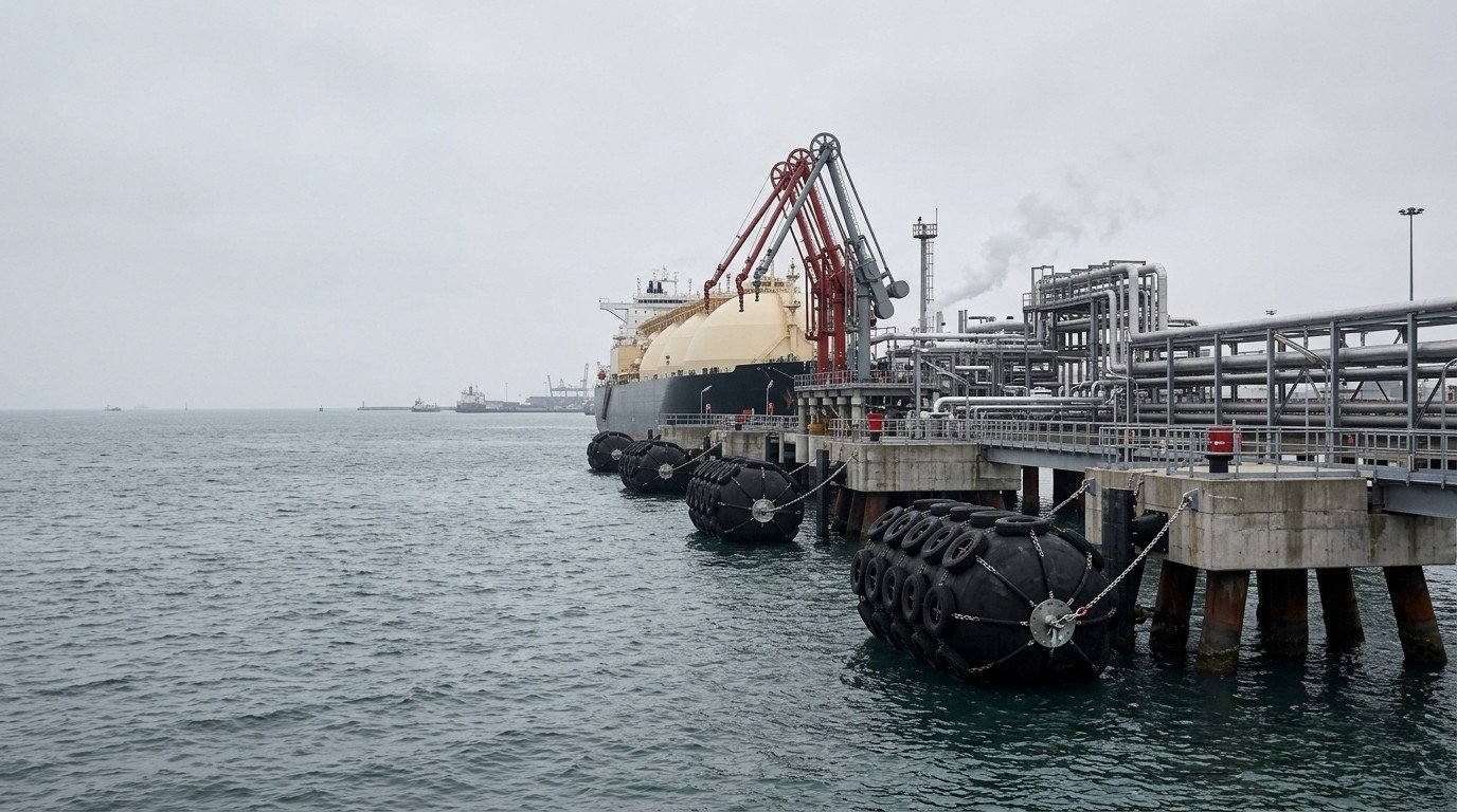 LNG carrier alongside FSRU with three pneumatic fenders in parallel body zone — FSRU fender layout carrier class