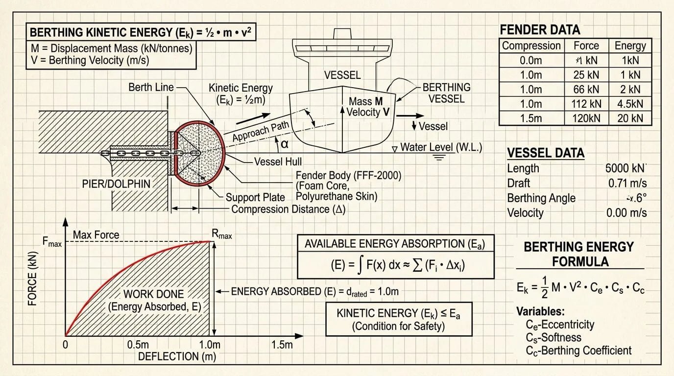 Berthing energy calculation diagram for foam filled fender selection, showing vessel approach angle and velocity variables