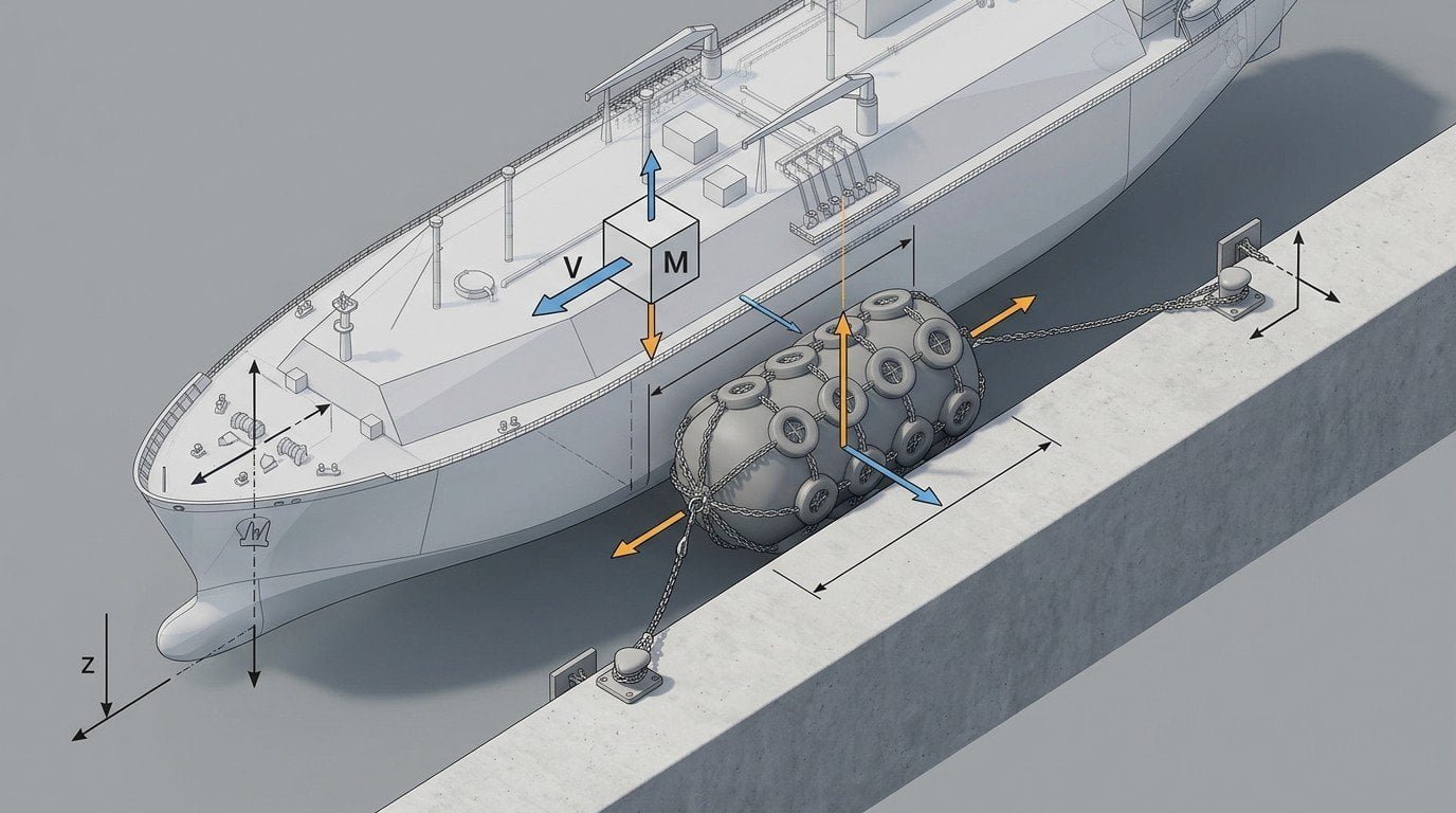 Key parameters for LNG carrier berthing energy calculation including displacement, velocity, and coefficients