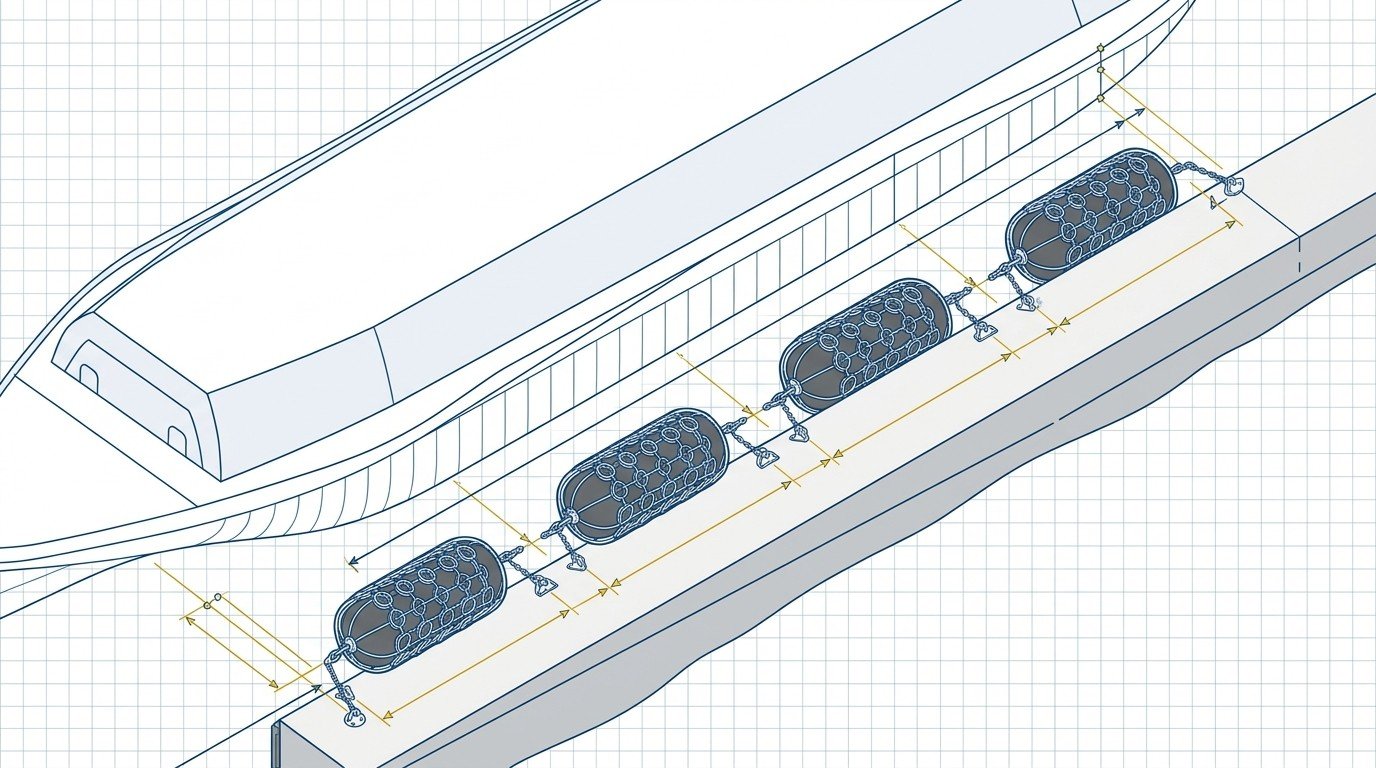 Top-down diagram of fender positions within LNG carrier parallel body zone with spacing dimensions