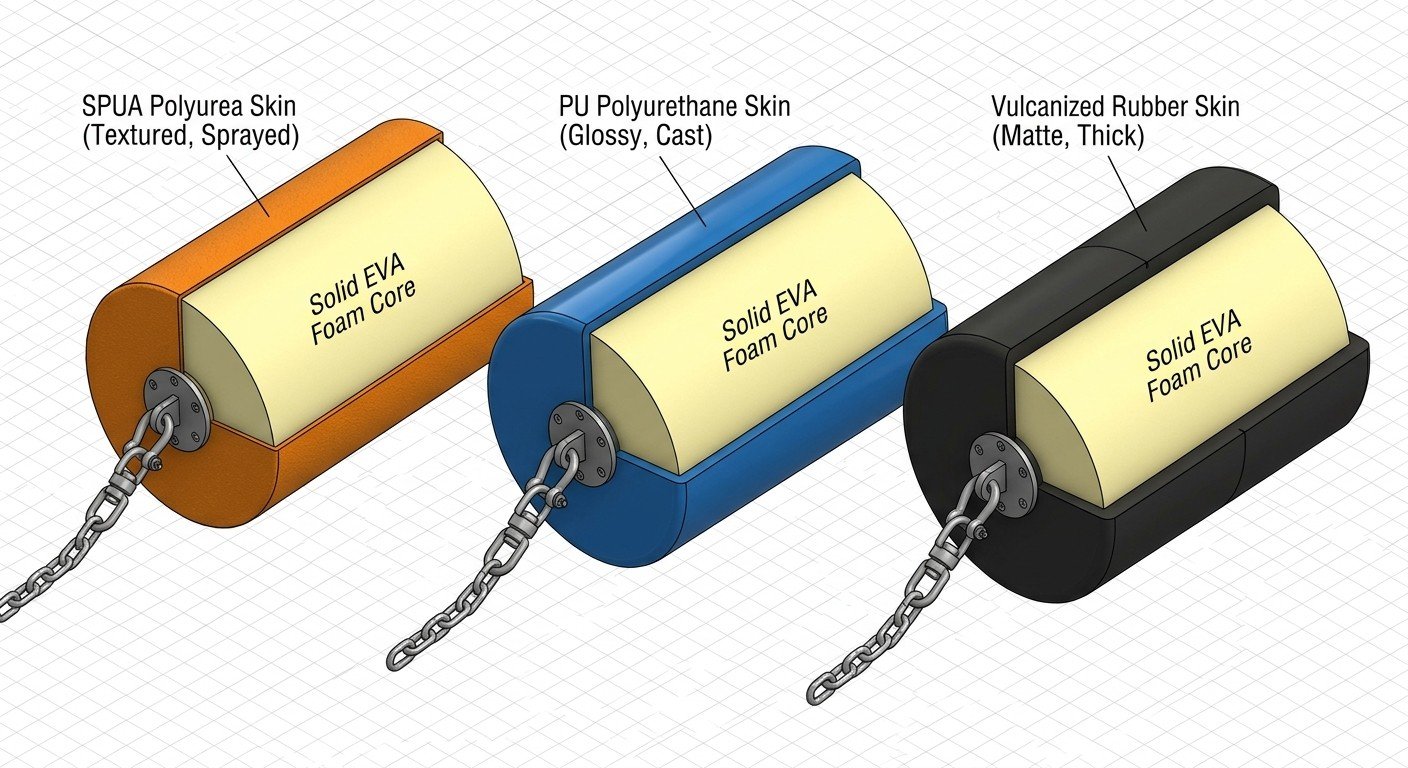 Side-by-side illustration of three outer skin types on a foam filled fender — SPUA polyurea, polyurethane PU, and vulcanized rubber — showing differences in surface, thickness, and field repair method
