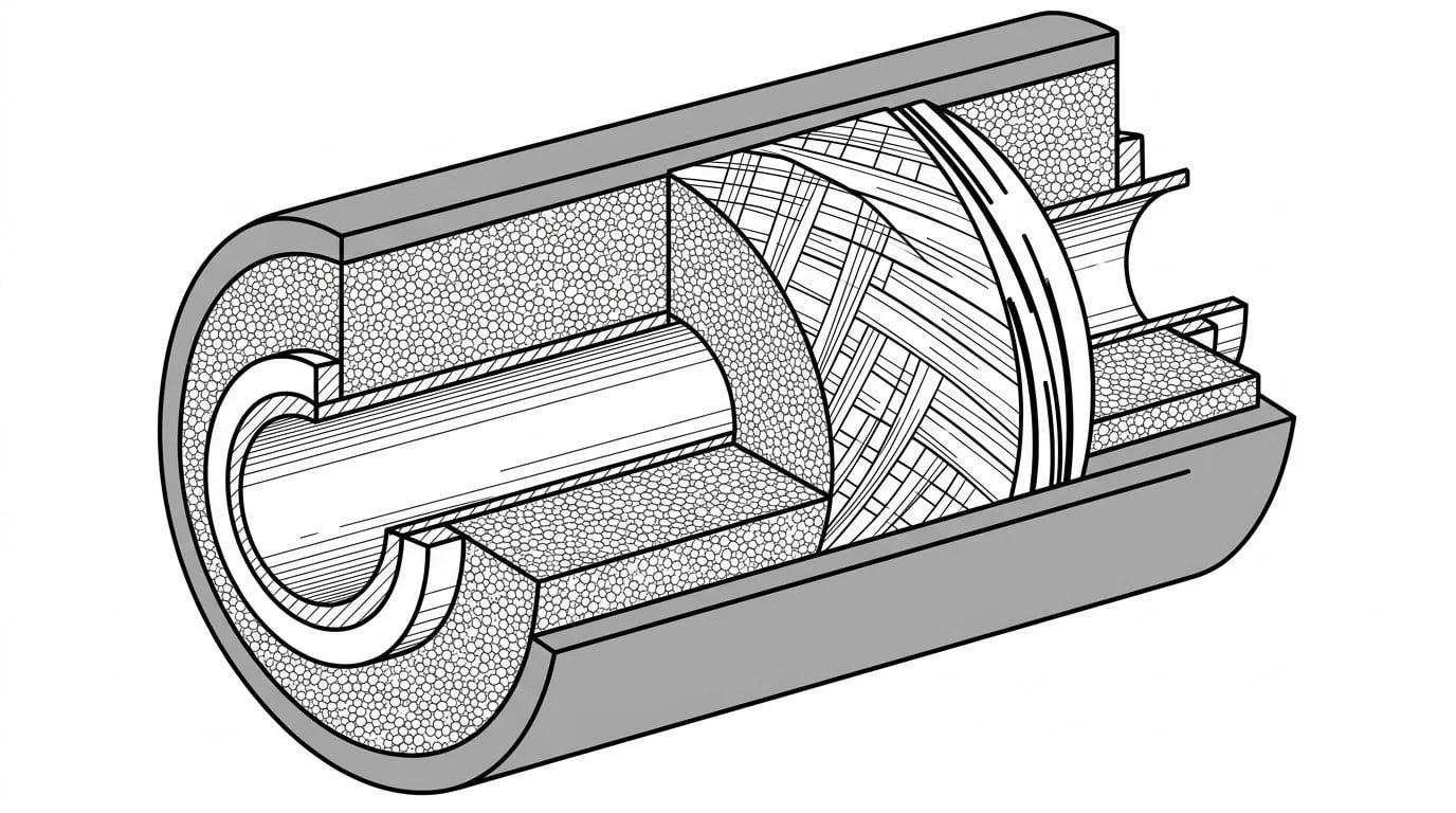 Cross-section diagram of EVA foam filled fender showing closed-cell foam core, filament reinforcement layer, and polyurea SPUA outer coating