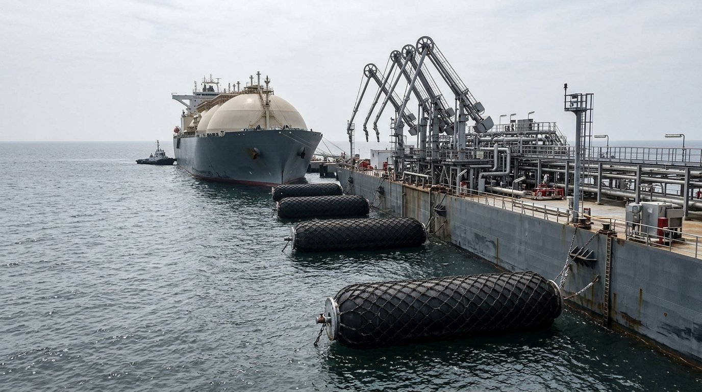 Exposed offshore FSRU with four pneumatic fenders for open water conditions — wind swell fender layout