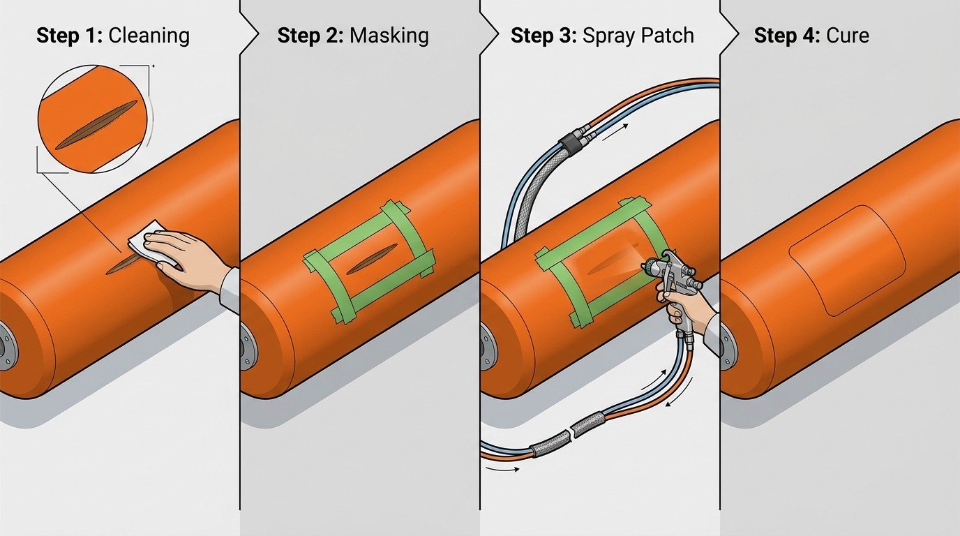 Field repair sequence for SPUA polyurea coating on a foam filled fender showing cleaning, masking, spray patch, and cure