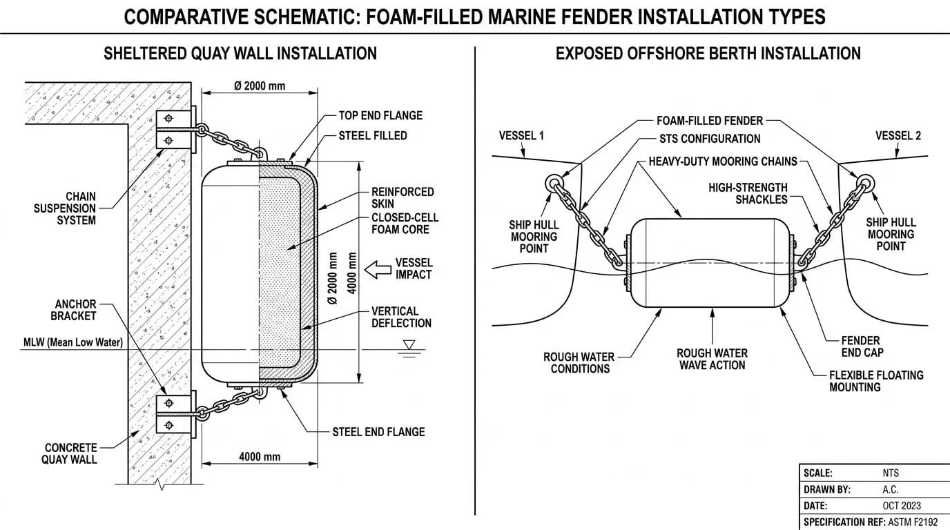 Site condition comparison diagram for foam filled marine fenders — sheltered quay vs exposed offshore berth, showing chain hardware, tidal range, and installation configuration