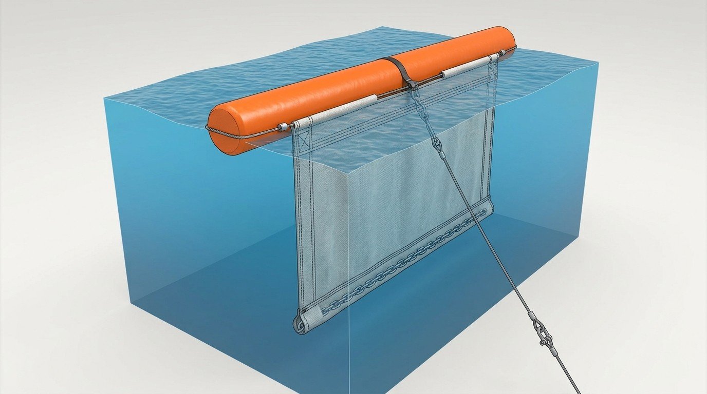 Labelled engineering diagram showing silt curtain flotation log skirt ballast chain tension cable connector and anchor line