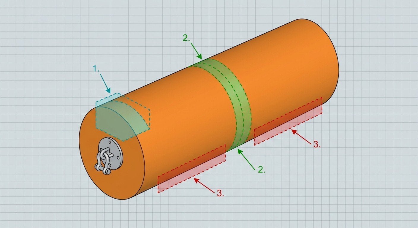 Inspection zone diagram of a foam filled fender highlighting the flange-end and equator belt as priority areas for checking SPUA coating thickness, chalking, and chain rub depth