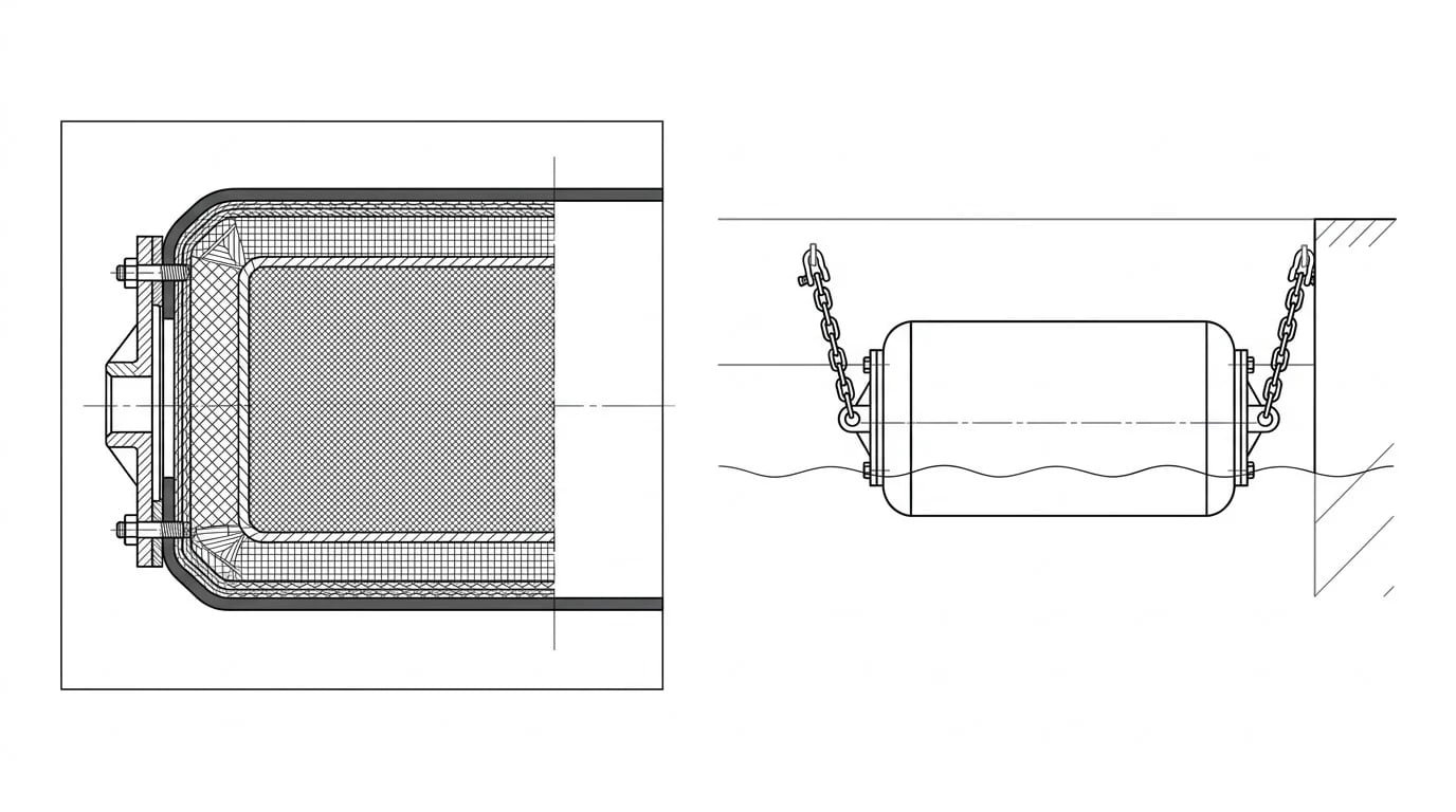Foam filled fender specification sheet showing diameter, length, rated energy, and hull pressure data for a standard product range