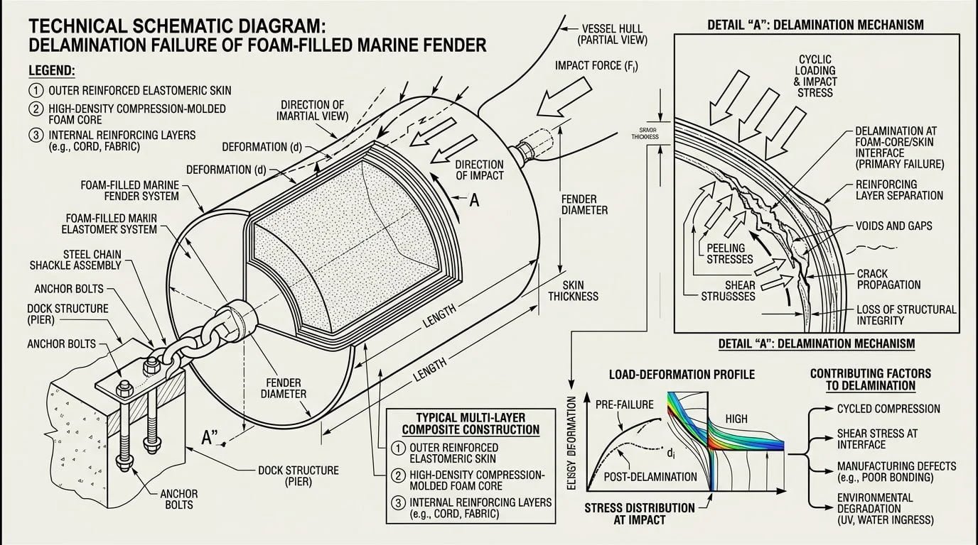 Foam filled fender showing delamination failure from undersized specification or poor core construction — selection mistake illustration