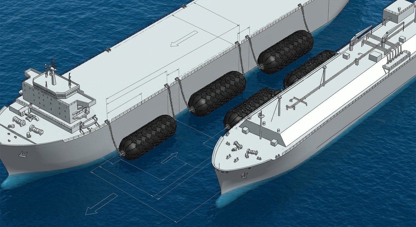 Exposed Offshore FSRU Four Pneumatic Fenders Open Water Exposed offshore FSRU with four pneumatic fenders for open water conditions — wind swell fender layout