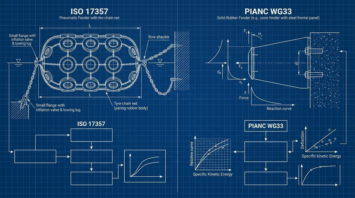 Diagram contrasting an ISO 17357 pneumatic fender size-class specification against a PIANC WG 211 project-designed cone fender workflow, blueprint illustration style
