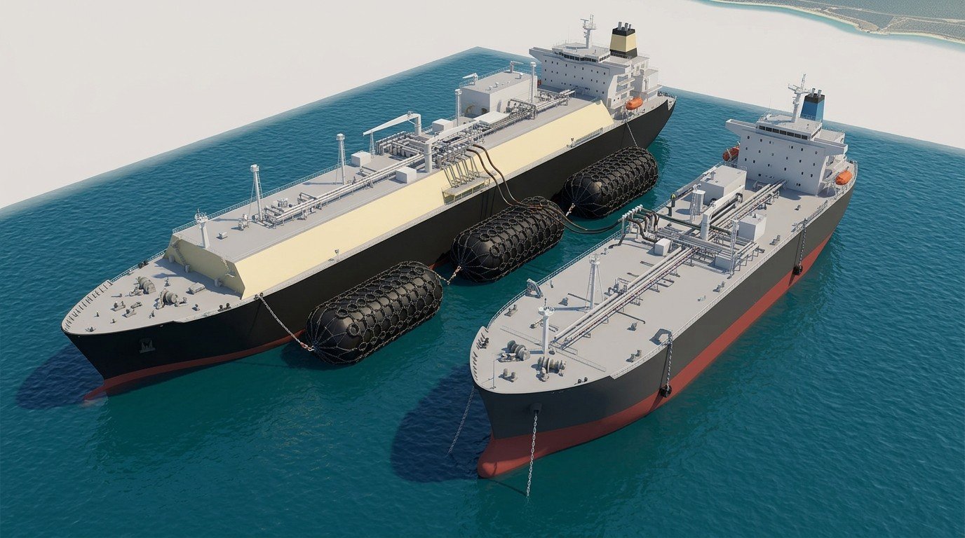SIGTTO Fender Positioning Parallel Body Zone Diagram Pneumatic fender hung on FSRU parallel body zone with single-side mooring detail — SIGTTO fender positioning