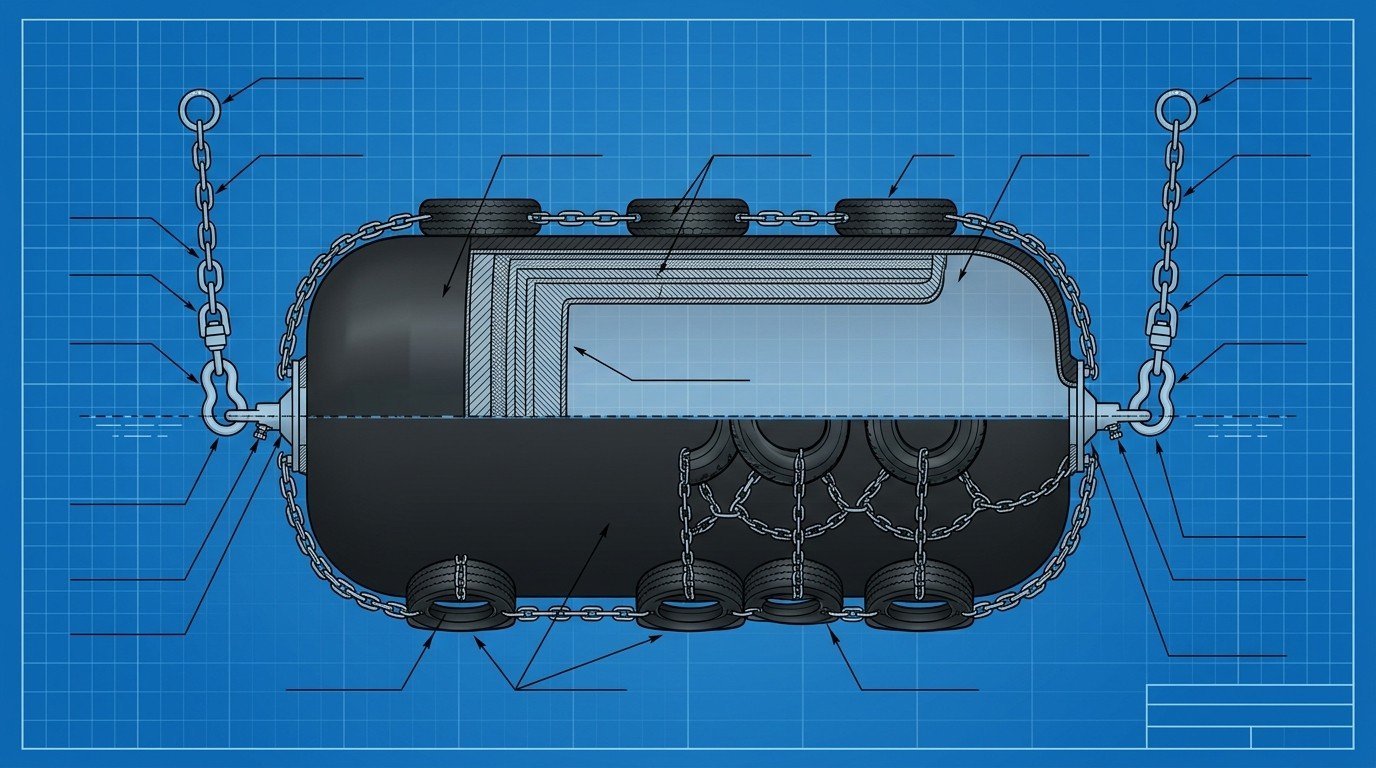 Cutaway blueprint diagram of a high-pressure floating pneumatic rubber fender hung horizontally and chain-moored, showing reinforced rubber layers, internal air chamber and tyre net rigging, technical illustration style