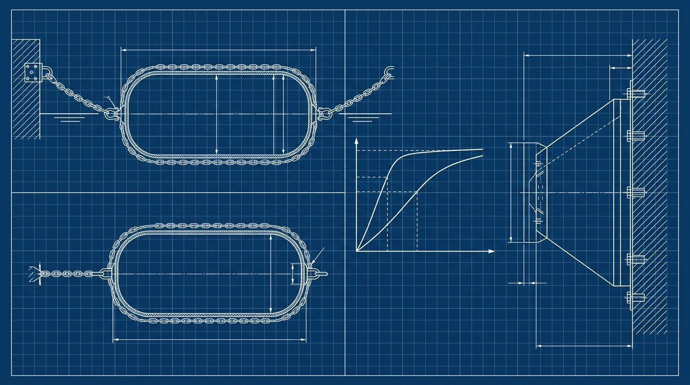 Comparison diagram of energy absorption and reaction force curves for a pneumatic fender versus a cone fender, blueprint chart illustration style