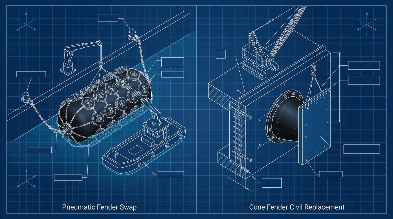 Blueprint diagram comparing a workboat swapping a chain-moored pneumatic fender against civil-works replacement of a bolted cone fender, technical illustration style