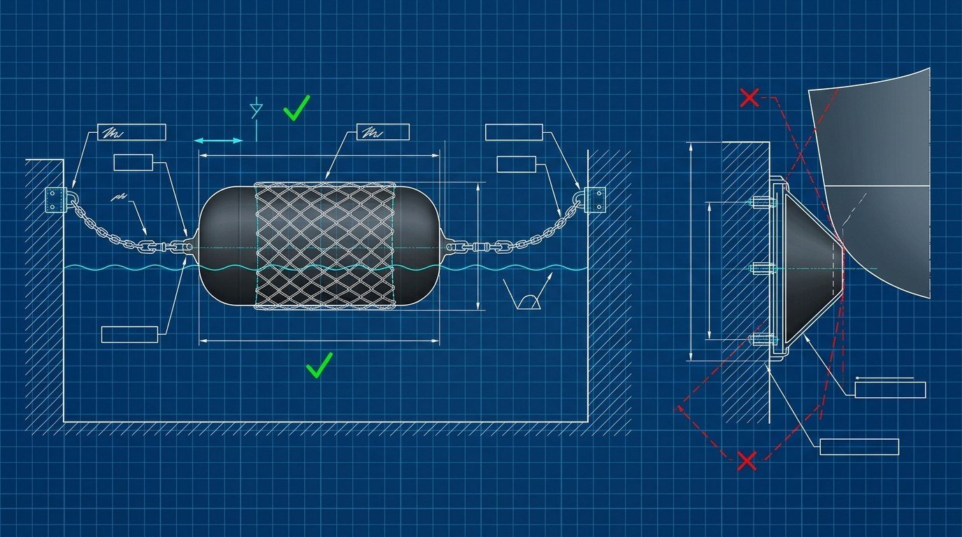 Blueprint illustration of three common pneumatic versus cone fender selection mistakes with correction callouts, technical diagram style