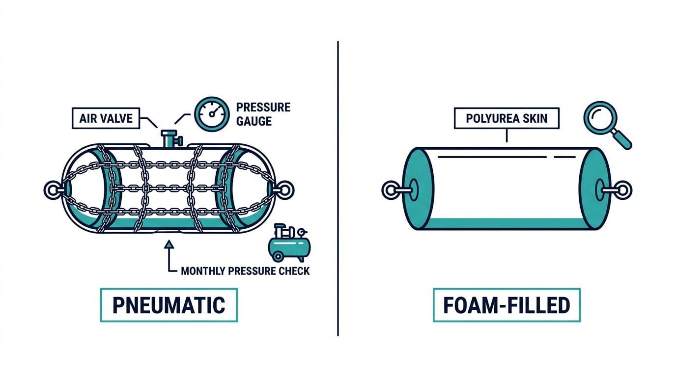 Side-by-side comparison of pneumatic fender pressure maintenance and foam-filled fender skin inspection