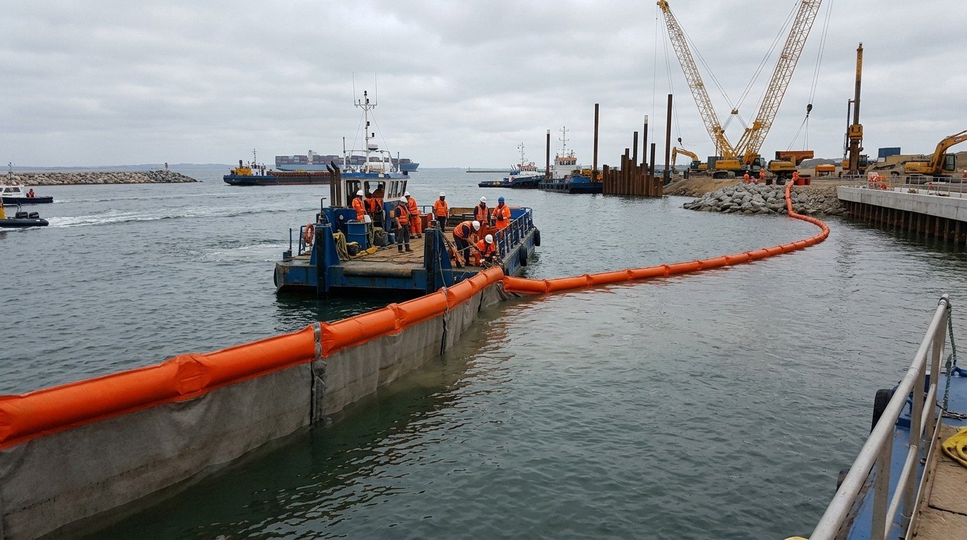 Work boat deploying silt curtain panels while crew connect end fittings and anchors during marine construction