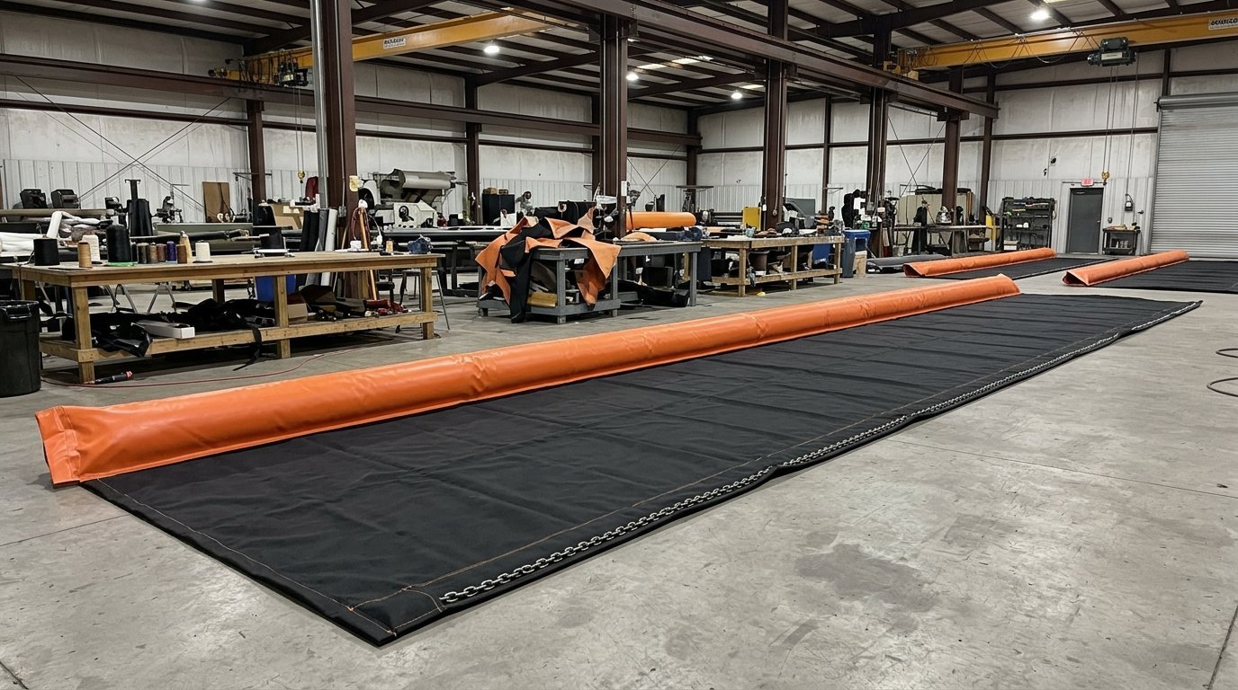 Factory fabrication of silt curtain panels with PVC-coated fabric flotation sleeves and ballast chain hemming
