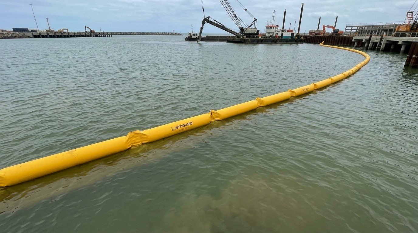 Type II silt curtain deployed across a dredging cell with visible top flotation in a marine construction site
