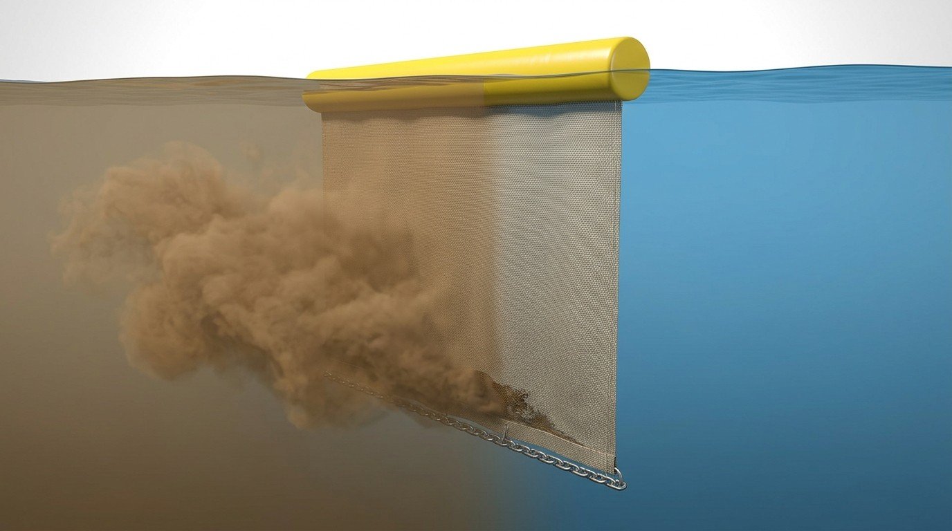 Cross-section diagram of a silt curtain containing a sediment plume with clear water outside the work zone